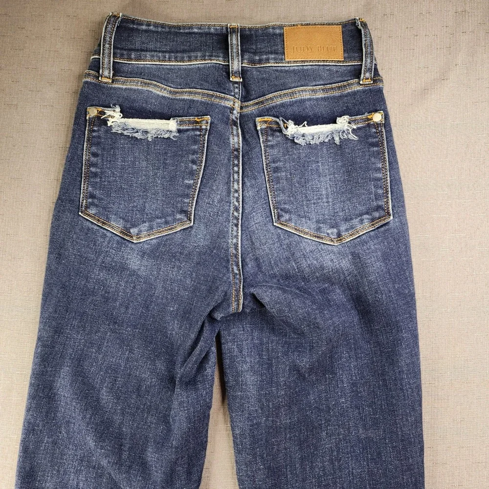 Judy Blue Distressed High Waisted Bootcut Jeans Dark Wash Raw Hem Size 1/25 - Picture 11 of 11
